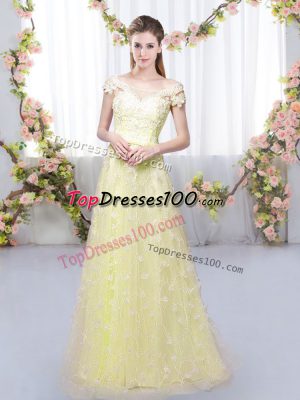 Customized Light Yellow Tulle Lace Up Court Dresses for Sweet 16 Cap Sleeves Floor Length Appliques