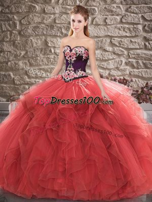 Red Tulle Lace Up Quinceanera Gowns Sleeveless Floor Length Beading and Embroidery