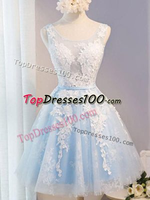 Affordable Tulle Scoop Sleeveless Lace Up Appliques and Belt Prom Party Dress in Baby Blue