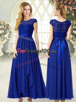 Royal Blue Empire Chiffon Scoop Cap Sleeves Lace Ankle Length Zipper Evening Dress