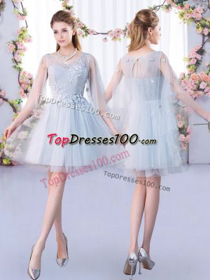 High Class Scoop 3 4 Length Sleeve Quinceanera Court of Honor Dress Mini Length Lace Grey Tulle