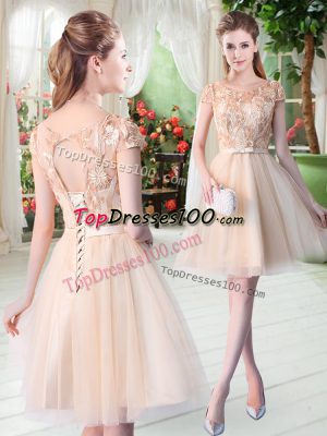 Artistic Short Sleeves Lace Up Mini Length Appliques Prom Evening Gown