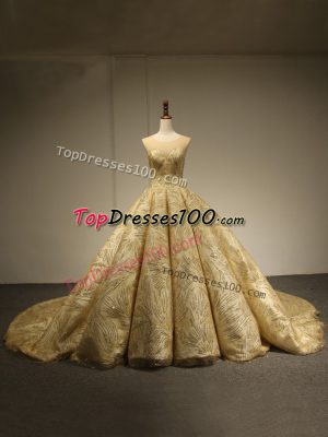 Free and Easy Scoop Sleeveless Ball Gown Prom Dress Brush Train Sequins Gold