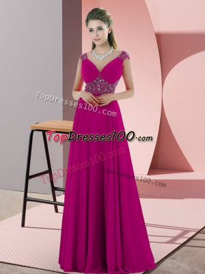 Glittering Fuchsia Empire V-neck Sleeveless Chiffon Floor Length Backless Beading Homecoming Dress