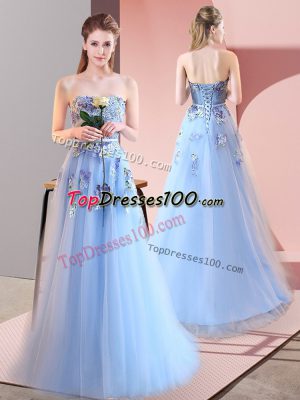 Free and Easy Blue Sleeveless Floor Length Appliques Lace Up Prom Dresses