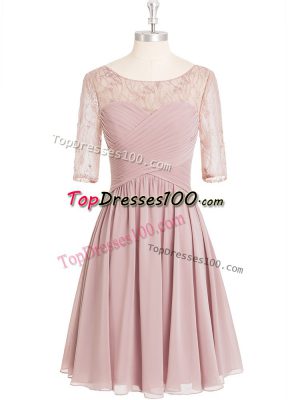 Pink Prom Evening Gown Prom and Party and Military Ball with Lace and Ruching Scoop Half Sleeves Zipper