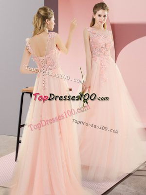 Pink Tulle Lace Up Scoop Sleeveless Floor Length Dress for Prom Beading and Lace and Appliques