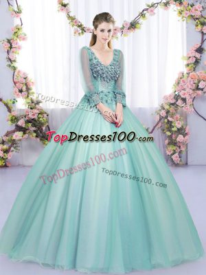 Tulle V-neck Long Sleeves Lace Up Lace and Appliques Quince Ball Gowns in Apple Green
