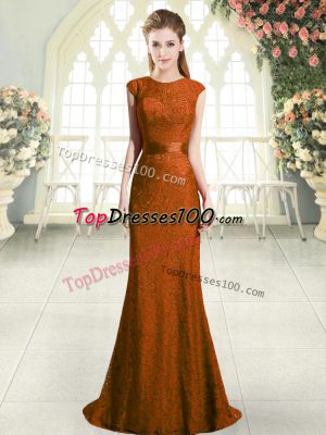 Scoop Cap Sleeves Sweep Train Backless Prom Evening Gown Brown