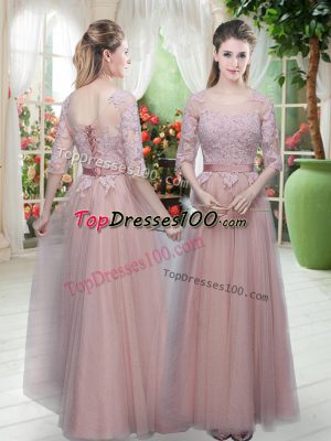Noble Pink Lace Up Prom Dresses Lace Half Sleeves Floor Length
