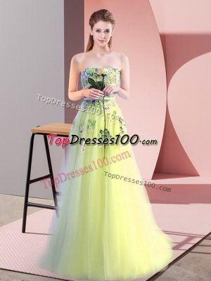 Affordable Yellow Green Lace Up Prom Party Dress Appliques Sleeveless Floor Length