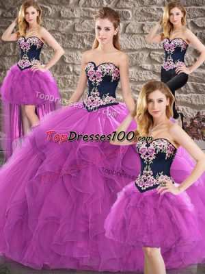 Fitting Purple Tulle Lace Up Quinceanera Gowns Sleeveless Floor Length Beading and Embroidery