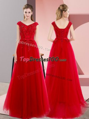 Great Red Lace Up Prom Party Dress Beading and Lace Short Sleeves Floor Length Sweep Train