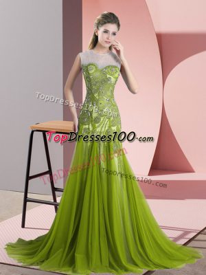 Glorious Backless Evening Wear Olive Green for Prom and Party and Military Ball with Beading and Appliques Sweep Train