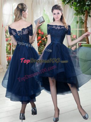 Eye-catching Tulle Off The Shoulder Short Sleeves Lace Up Lace Prom Party Dress in Navy Blue