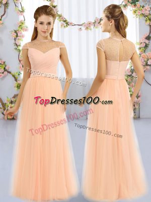 Decent Peach High-neck Zipper Beading Wedding Guest Dresses Cap Sleeves