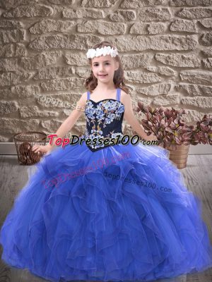 Exquisite Royal Blue Sleeveless Embroidery and Ruffles Floor Length Kids Pageant Dress