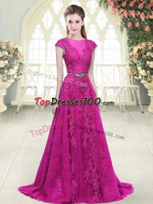 Dramatic Fuchsia Scoop Zipper Lace and Appliques Prom Evening Gown Sweep Train Cap Sleeves