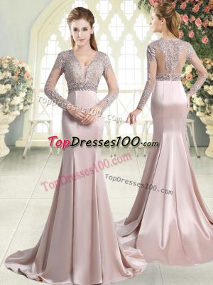 Deluxe Long Sleeves Satin Sweep Train Zipper Prom Party Dress in Pink with Beading and Lace