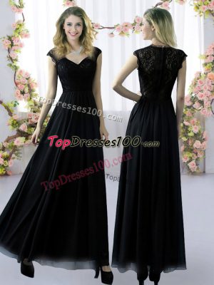 Luxury Floor Length Black Bridesmaids Dress Chiffon Cap Sleeves Lace