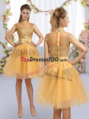 New Style Knee Length Gold Dama Dress Tulle Cap Sleeves Lace and Bowknot