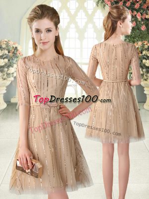 Half Sleeves Tulle Mini Length Zipper Prom Dresses in Champagne with Sequins
