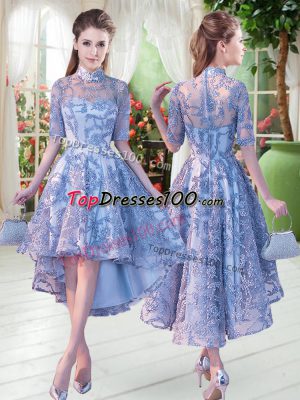 Most Popular Blue High-neck Neckline Appliques Teens Party Dress Half Sleeves Lace Up