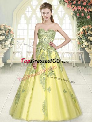 Sleeveless Floor Length Appliques Lace Up Evening Wear with Yellow Green