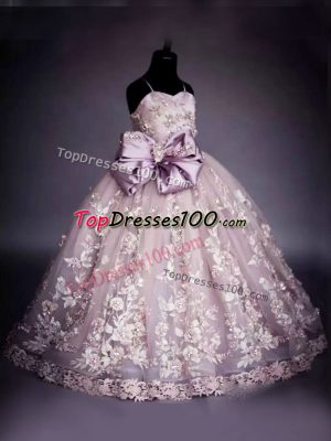 Custom Designed Sleeveless Lace Up Floor Length Beading and Bowknot Girls Pageant Dresses