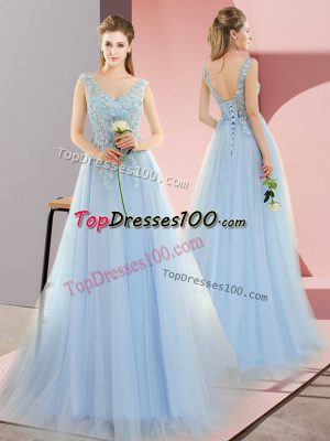 Fashionable Blue Lace Up Dress for Prom Beading Sleeveless Sweep Train