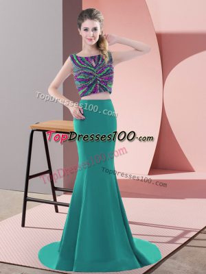 Fine Two Pieces Sleeveless Turquoise Prom Dresses Sweep Train Backless