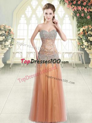 Orange Tulle Zipper Sweetheart Sleeveless Floor Length Evening Dresses Beading