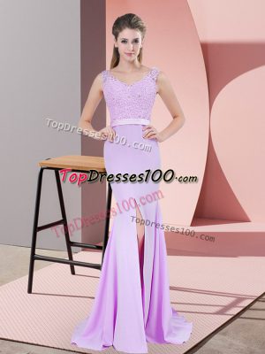 Glittering Lilac Zipper Womens Evening Dresses Beading and Lace Sleeveless Sweep Train
