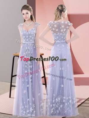 Lavender Cap Sleeves Floor Length Beading and Appliques Zipper Dress for Prom
