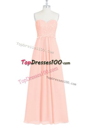 Spectacular Sweetheart Sleeveless Prom Dress Floor Length Lace and Appliques Pink Chiffon