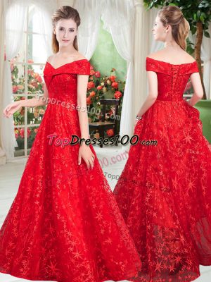Red Lace Up Off The Shoulder Beading Prom Evening Gown Lace Sleeveless