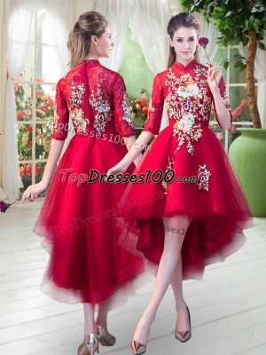Customized High Low Red Custom Made Tulle Half Sleeves Appliques