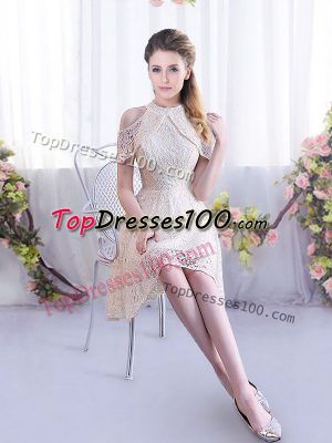 Top Selling Champagne Lace Up Wedding Guest Dresses Sleeveless Mini Length Lace