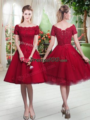 Wine Red Lace Up Prom Dress Appliques Short Sleeves Knee Length