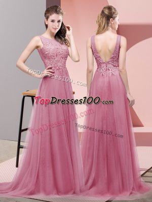 High Class Pink Prom Dresses Tulle Sweep Train Sleeveless Lace