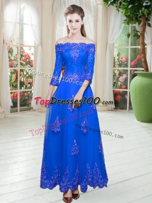Perfect Royal Blue 3 4 Length Sleeve Lace Floor Length Dress for Prom