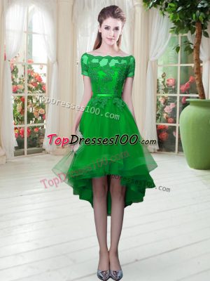 Top Selling Green Off The Shoulder Neckline Appliques Prom Dresses Short Sleeves Lace Up