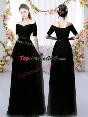 Fabulous Black Off The Shoulder Neckline Ruching Dama Dress for Quinceanera Short Sleeves Lace Up