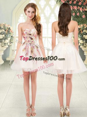 Free and Easy Champagne A-line Tulle Sweetheart Sleeveless Beading and Appliques Mini Length Lace Up Prom Evening Gown