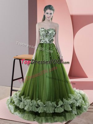 High Class Sweetheart Sleeveless Sweep Train Lace Up Evening Outfits Green Tulle