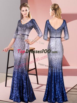 Beautiful V-neck 3 4 Length Sleeve Womens Party Dresses Floor Length Belt Multi-color Sequined