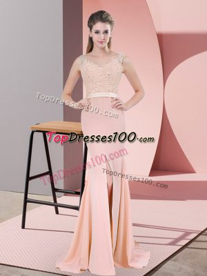 Chiffon Sleeveless Evening Party Dresses Sweep Train and Beading and Lace