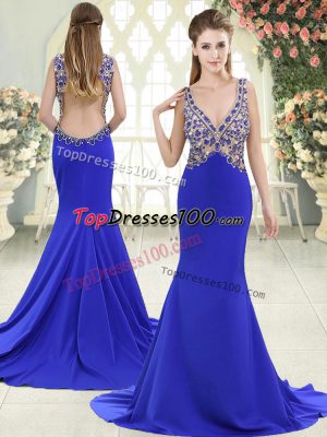 Backless Prom Evening Gown Blue for Prom and Party with Beading Sweep Train
