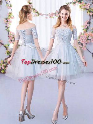 Grey Lace Up Bridesmaid Gown Lace Short Sleeves Mini Length