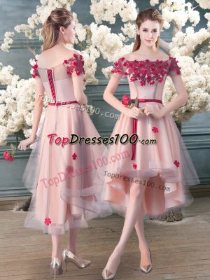 High Low Pink Womens Party Dresses Tulle Short Sleeves Appliques